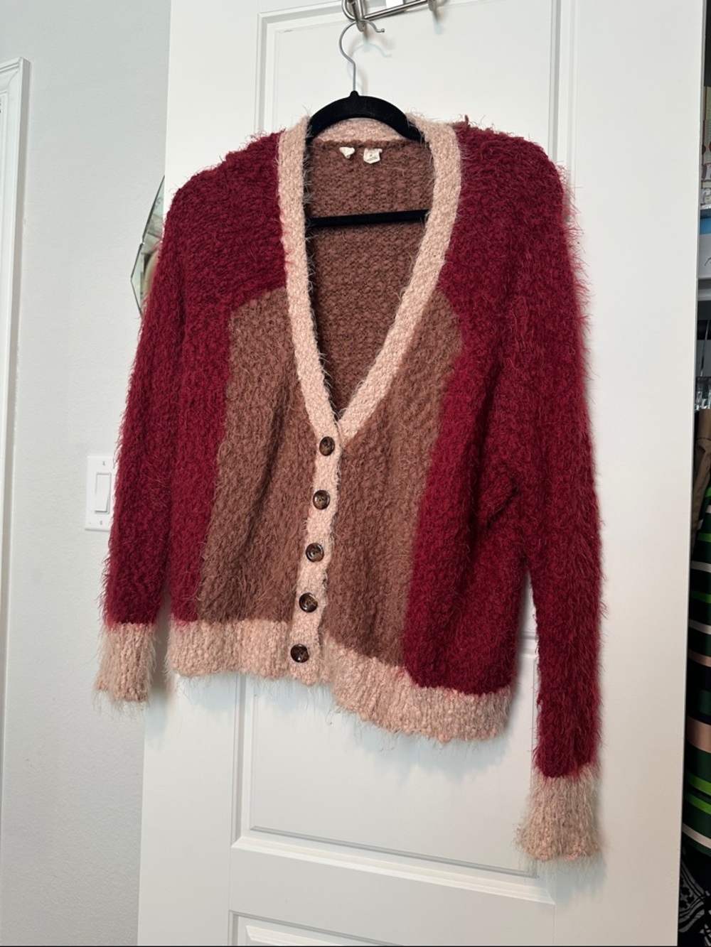 Moth Fuzzy Colorblock Button-Up Cardigan - Burgundy, Brown, Cream